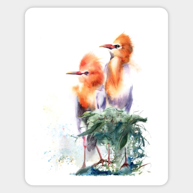 Watercolor Cattle Egret Print Sticker by PaintsPassion